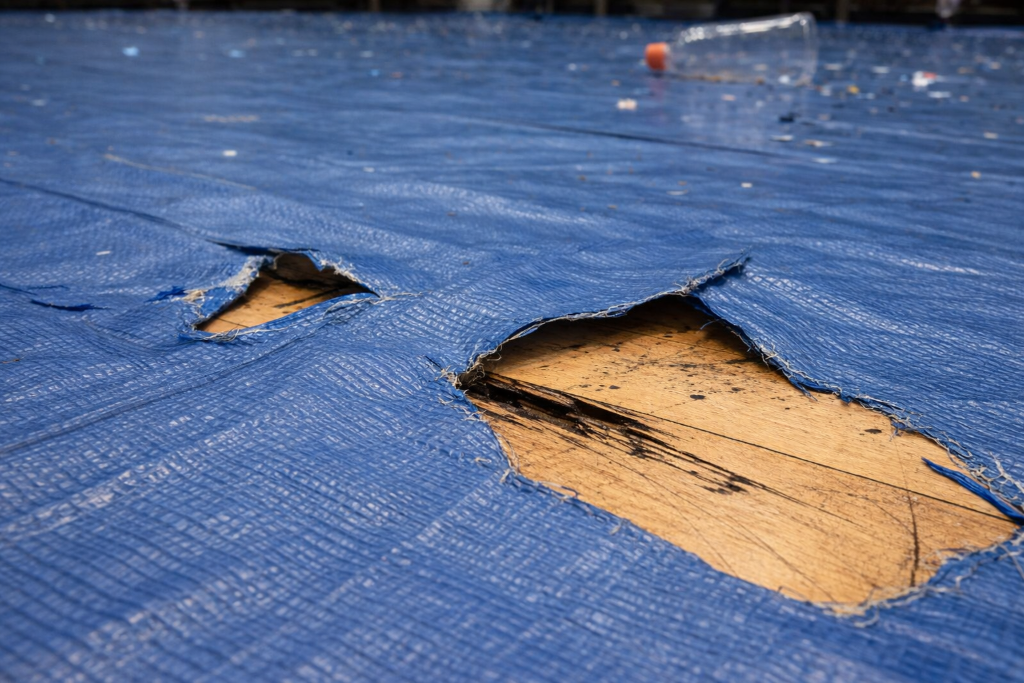 Damaged plastic tarp on gym floor
